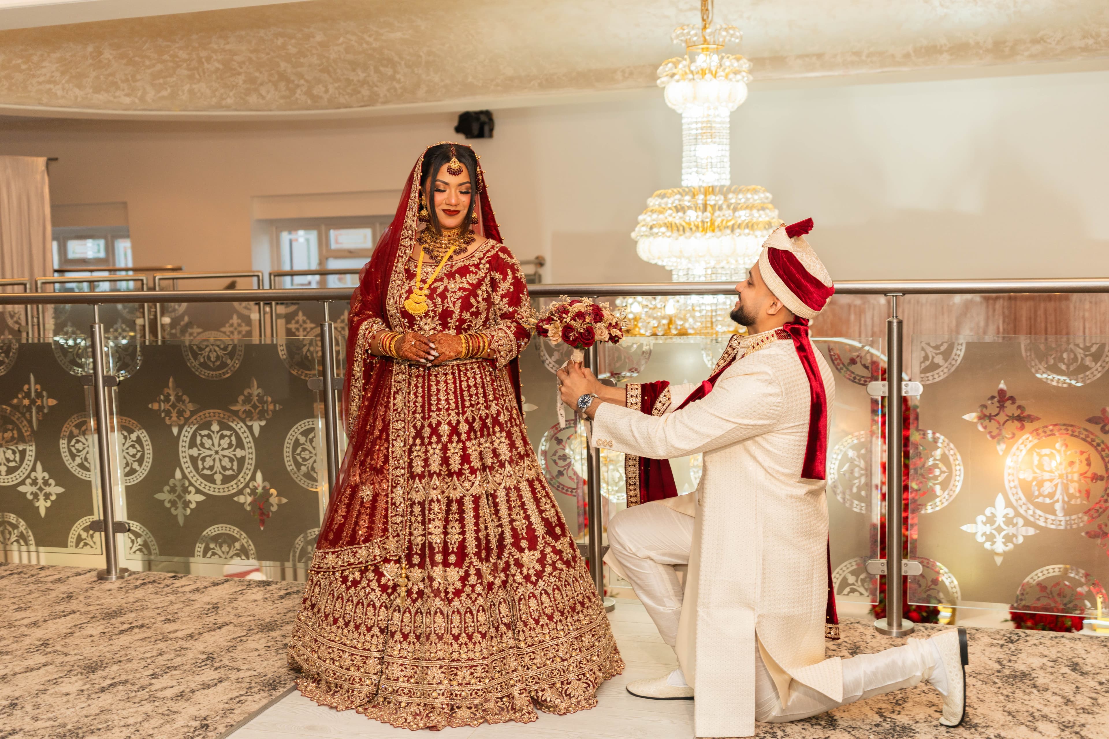 Couple photographed together during a wedding reception.